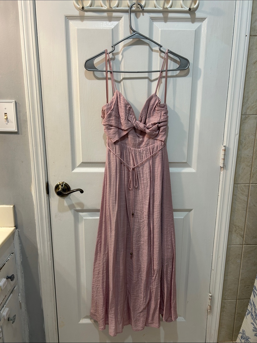 Spaghetti Strap Twist-Front Maxi Dress in Dusty Rose